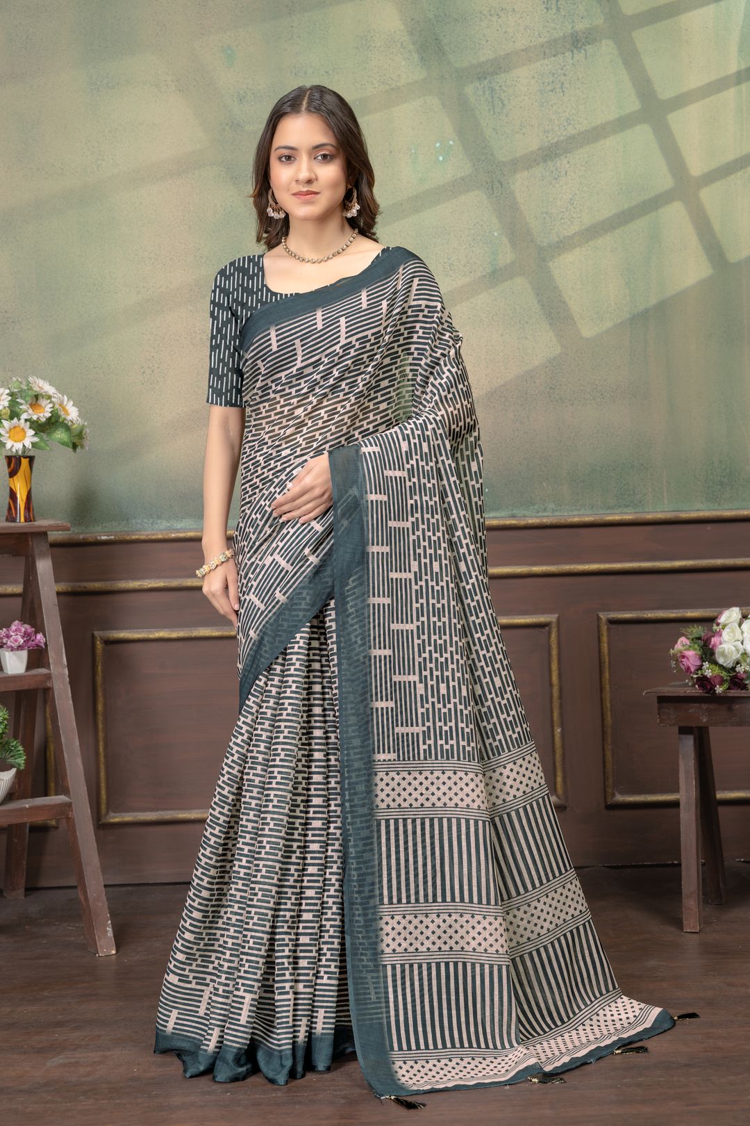 Beige Geometric Printed Linen Cotton Saree with Blue Border