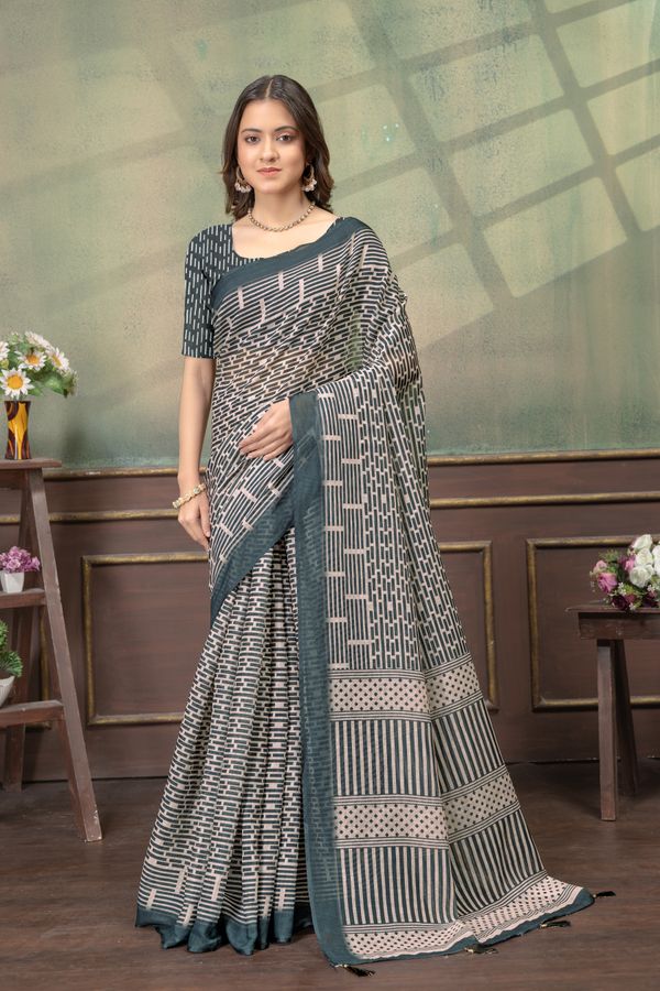 Beige Geometric Printed Linen Cotton Saree with Blue Border