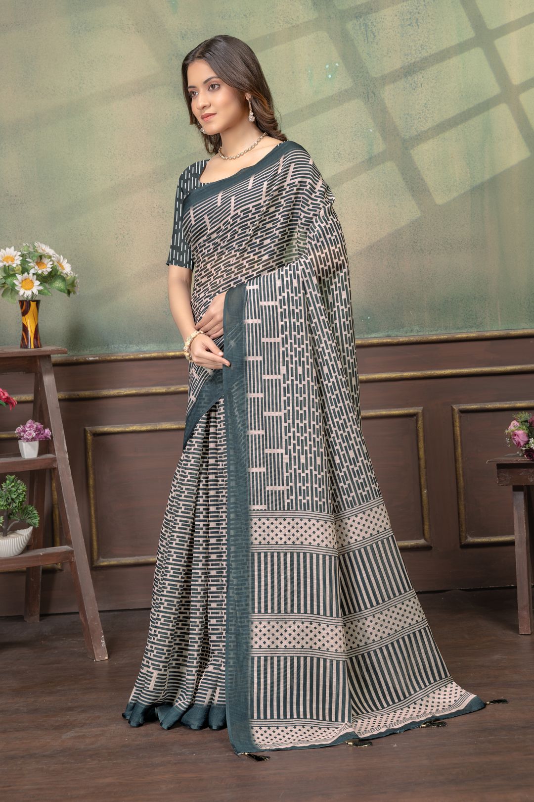 Beige Geometric Printed Linen Cotton Saree with Blue Border