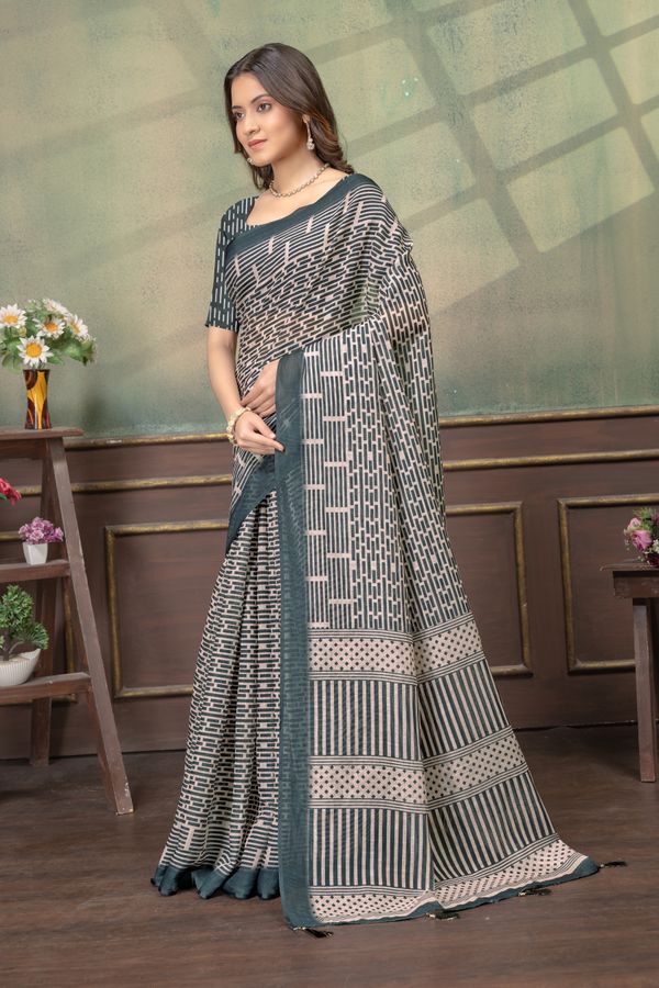 Beige Geometric Printed Linen Cotton Saree with Blue Border