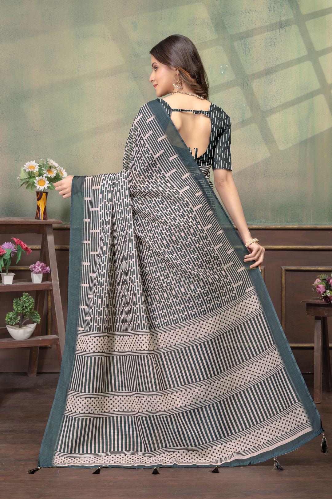 Beige Geometric Printed Linen Cotton Saree with Blue Border