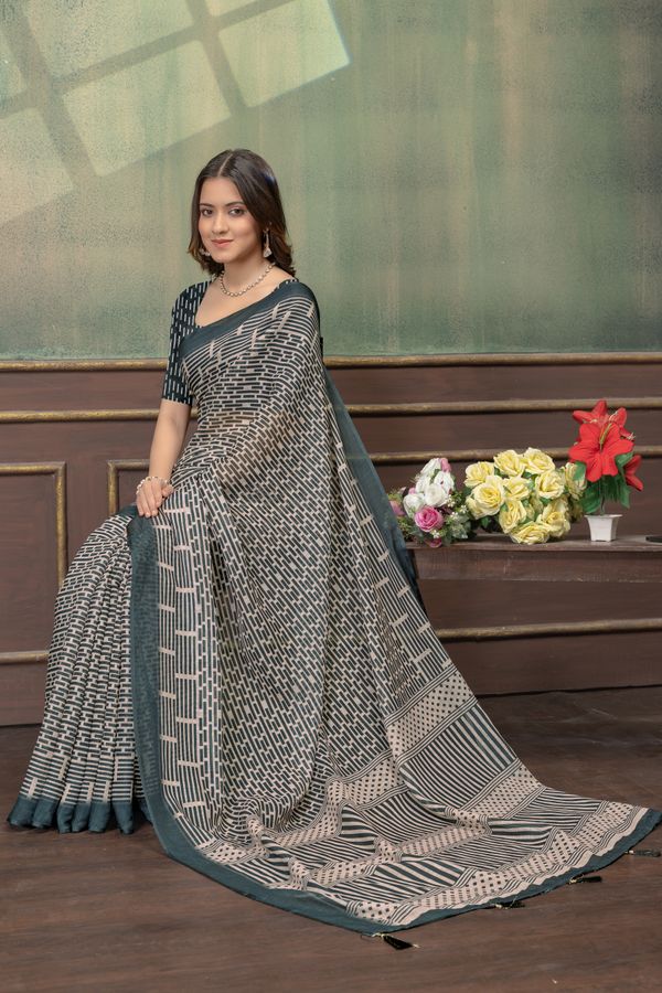 Beige Geometric Printed Linen Cotton Saree with Blue Border