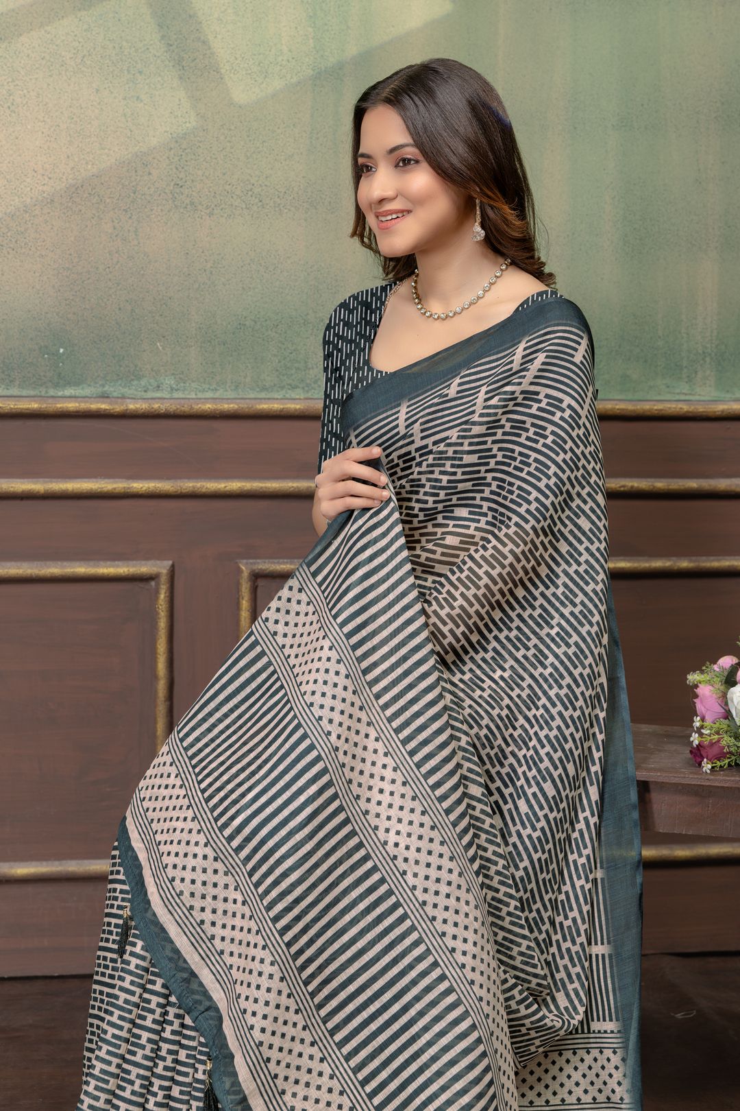 Beige Geometric Printed Linen Cotton Saree with Blue Border