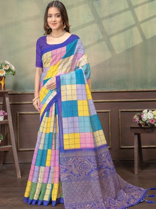 Multicolor Grid Print Linen Cotton Saree with Purple Border