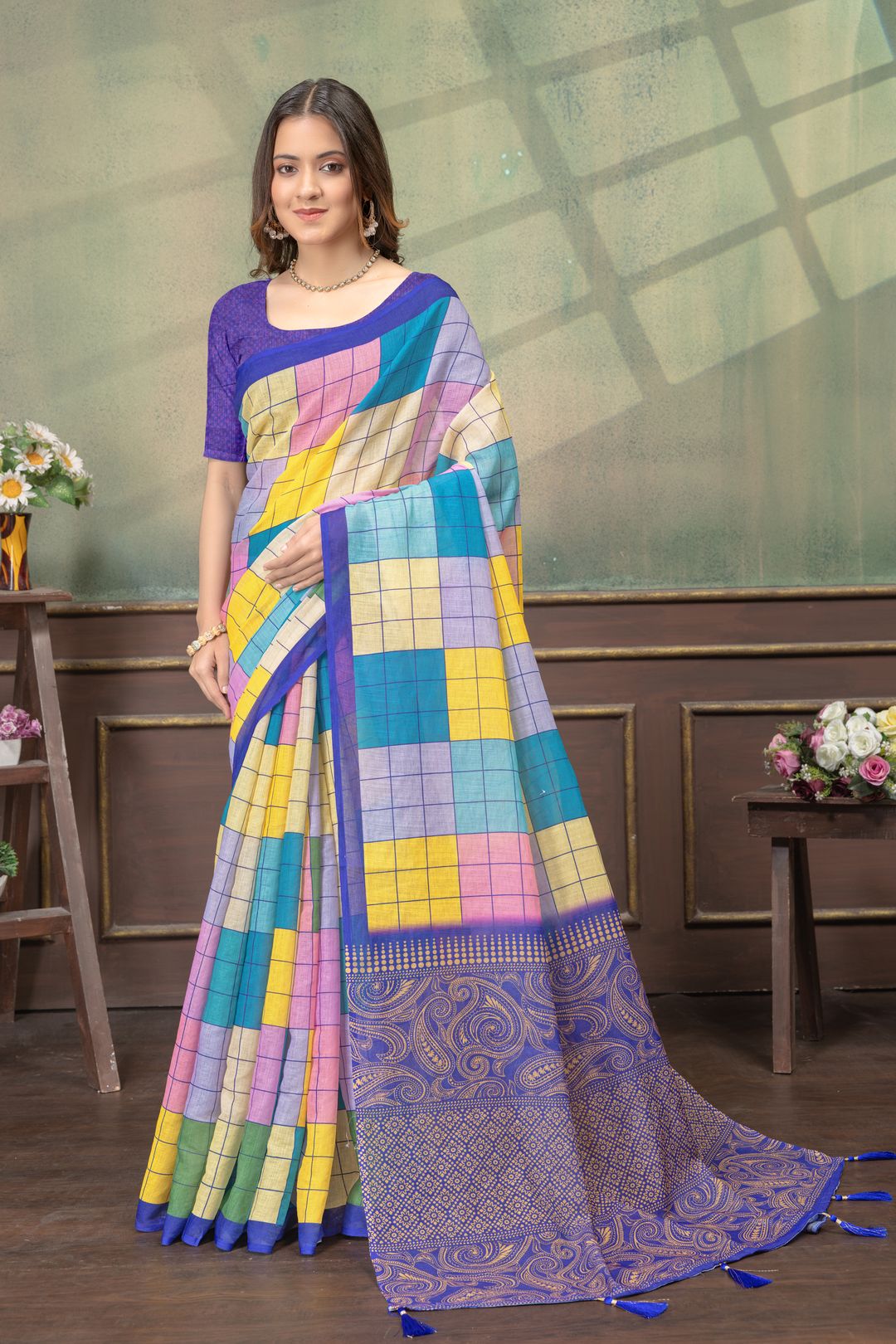 Multicolor Grid Print Linen Cotton Saree with Purple Border