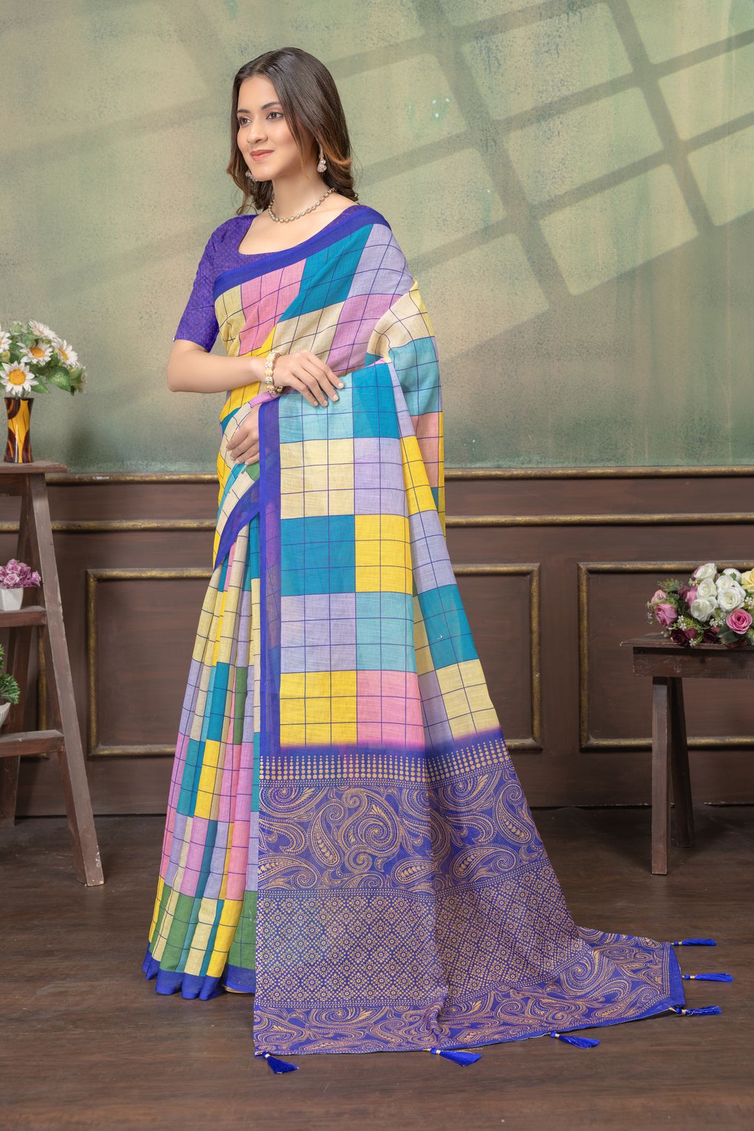 Multicolor Grid Print Linen Cotton Saree with Purple Border
