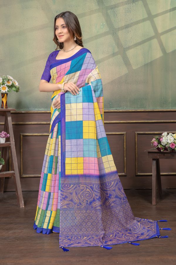 Multicolor Grid Print Linen Cotton Saree with Purple Border