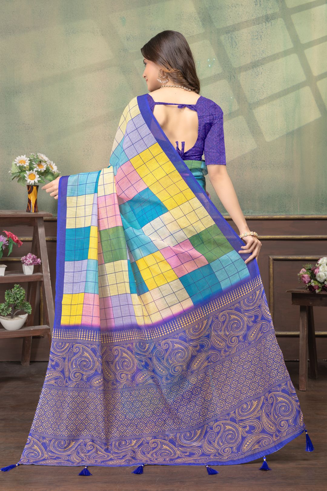 Multicolor Grid Print Linen Cotton Saree with Purple Border