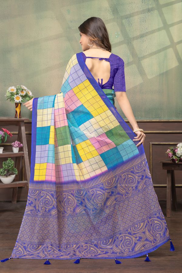 Multicolor Grid Print Linen Cotton Saree with Purple Border