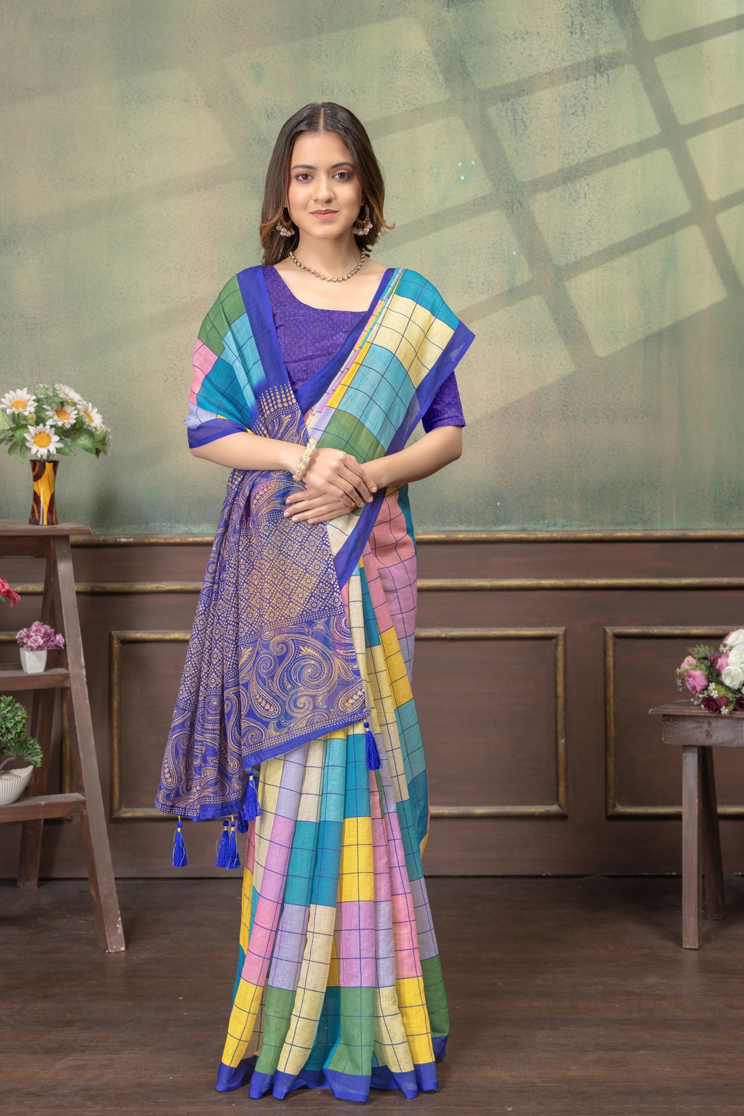 Multicolor Grid Print Linen Cotton Saree with Purple Border
