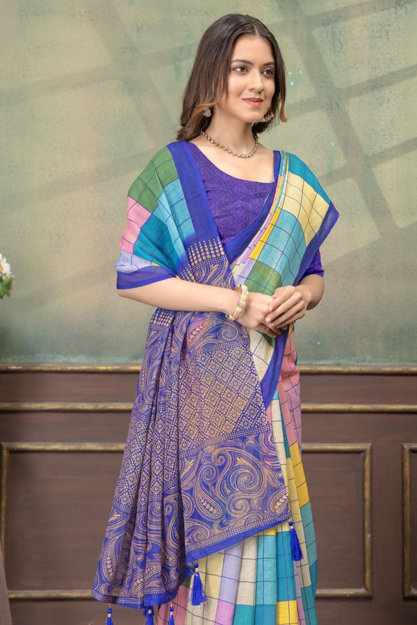 Multicolor Grid Print Linen Cotton Saree with Purple Border