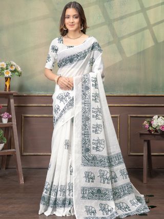 Ivory Linen Cotton Saree with Elephant Print Border Now