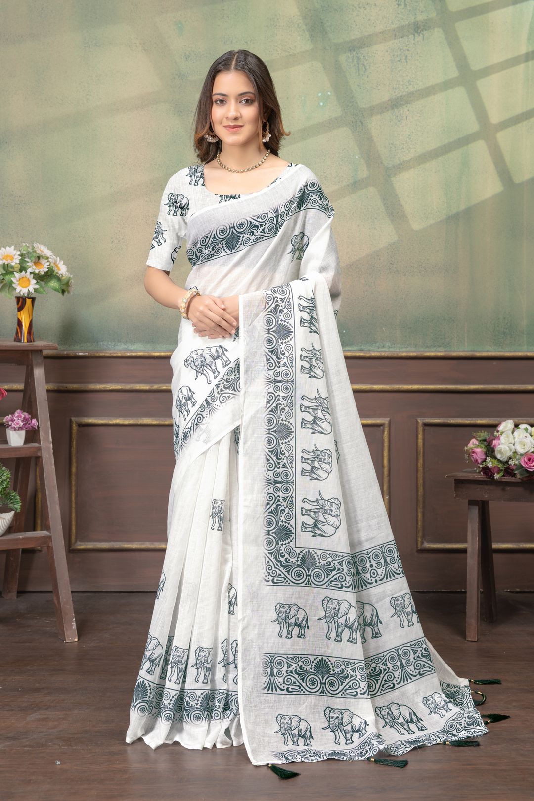 Ivory Linen Cotton Saree with Elephant Print Border Now