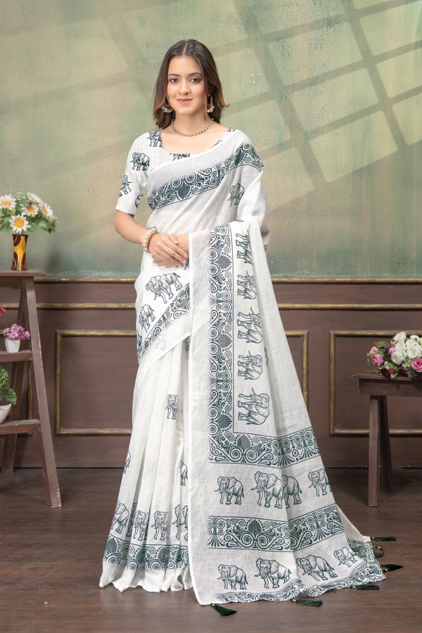 Ivory Linen Cotton Saree with Elephant Print Border Now