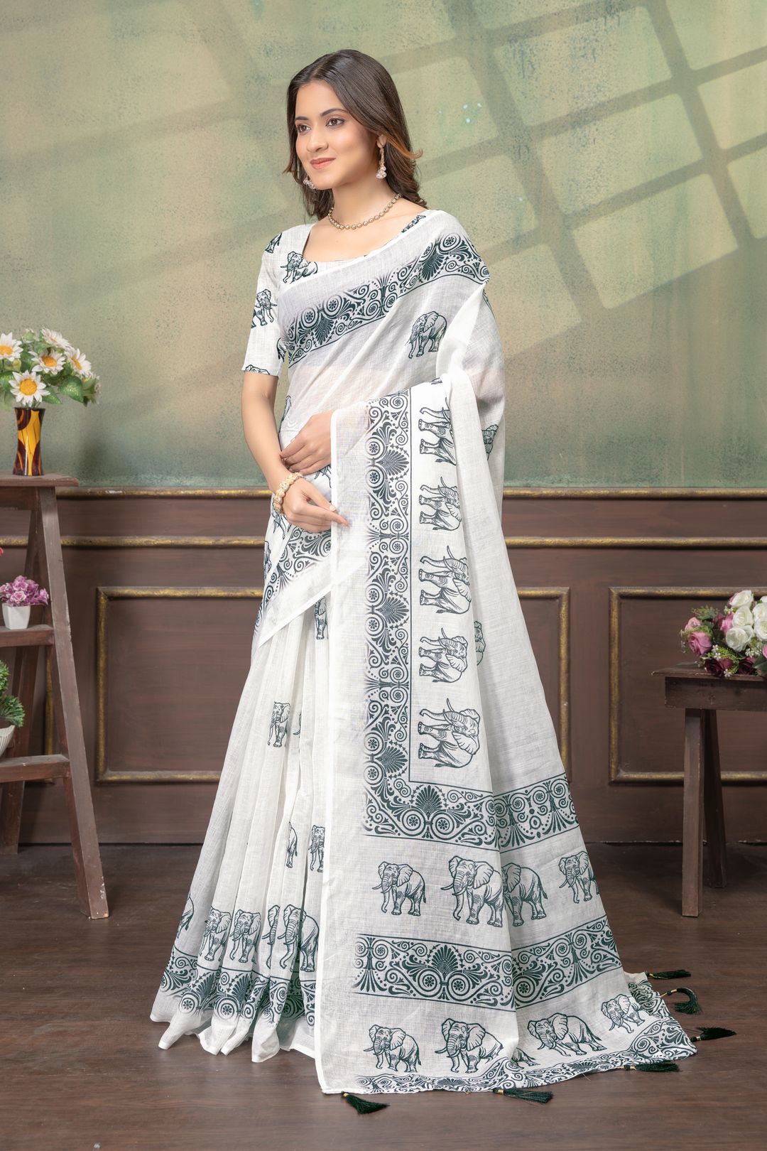 Ivory Linen Cotton Saree with Elephant Print Border Now