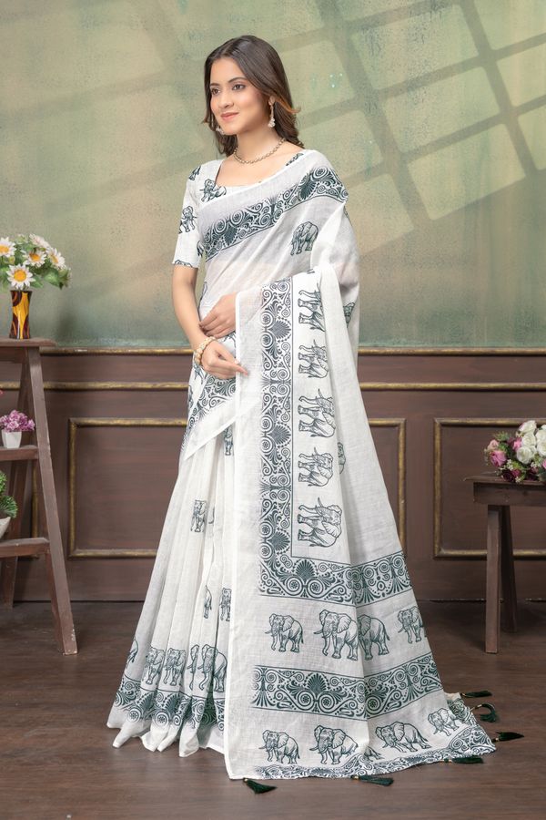 Ivory Linen Cotton Saree with Elephant Print Border Now