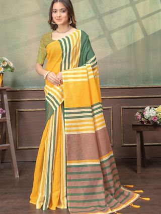 Mustard Green Cotton Saree with Striped Contrast Border