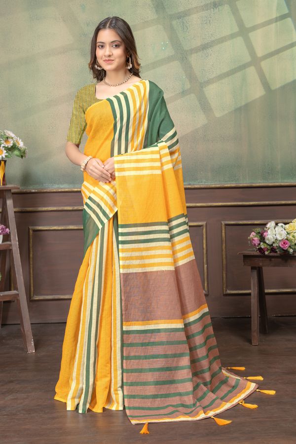 Mustard Green Cotton Saree with Striped Contrast Border