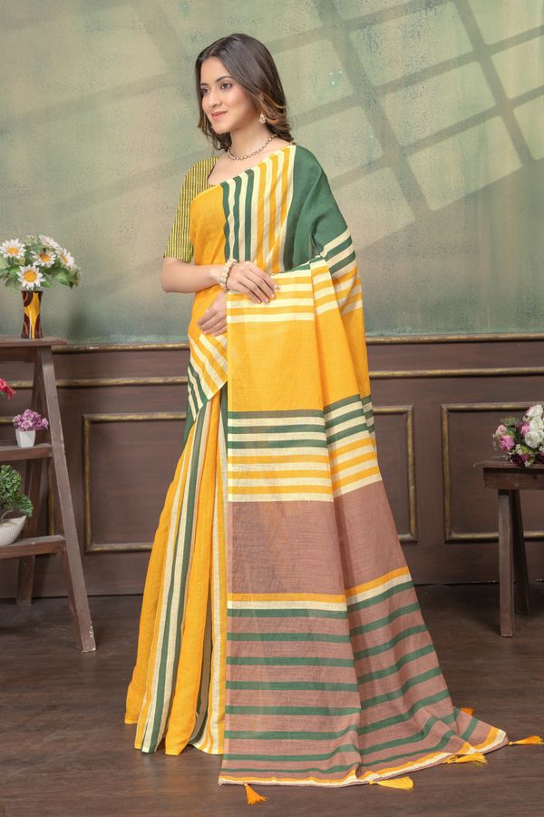 Mustard Green Cotton Saree with Striped Contrast Border