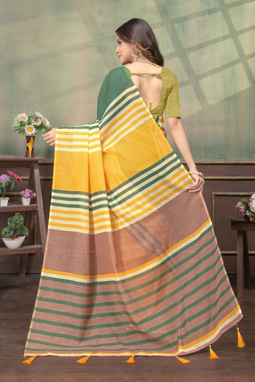 Mustard Green Cotton Saree with Striped Contrast Border