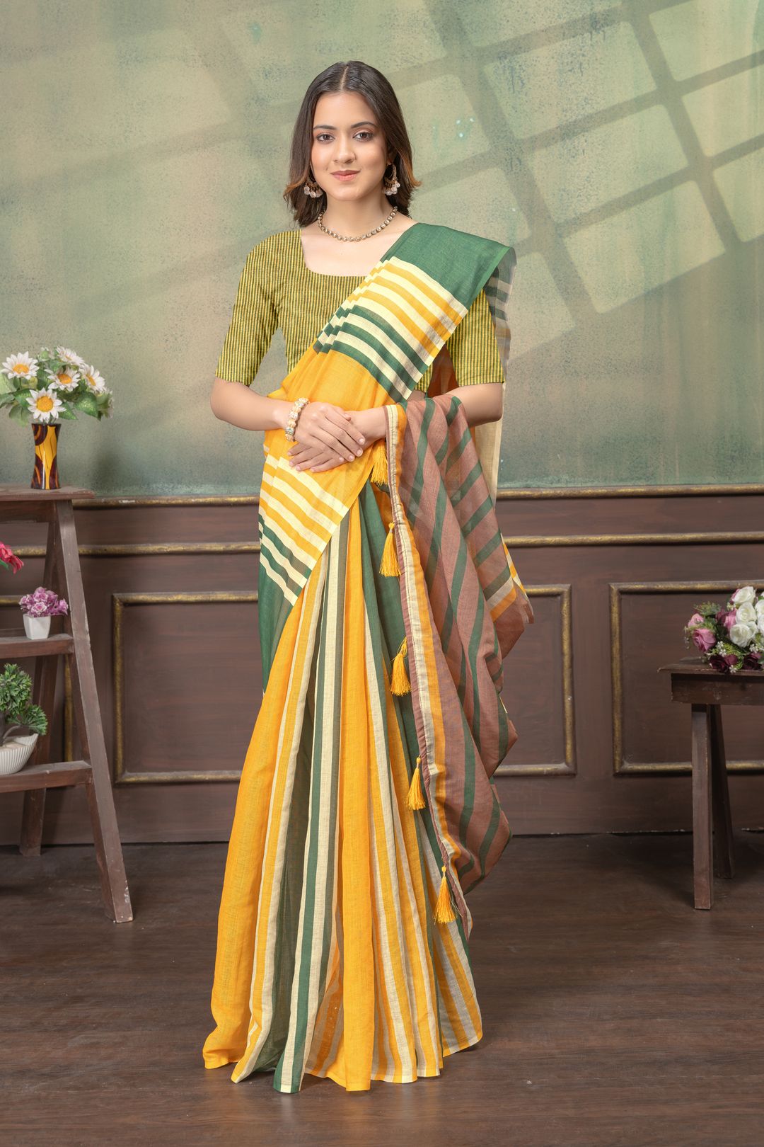 Mustard Green Cotton Saree with Striped Contrast Border