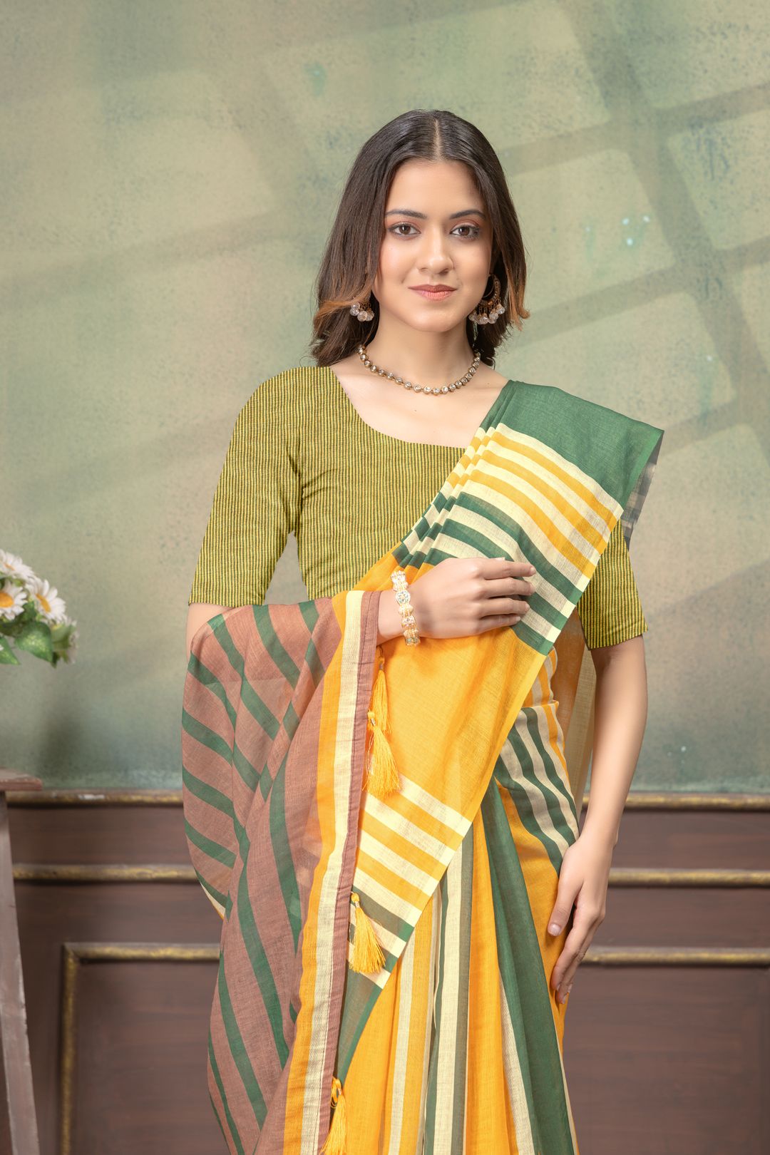 Mustard Green Cotton Saree with Striped Contrast Border