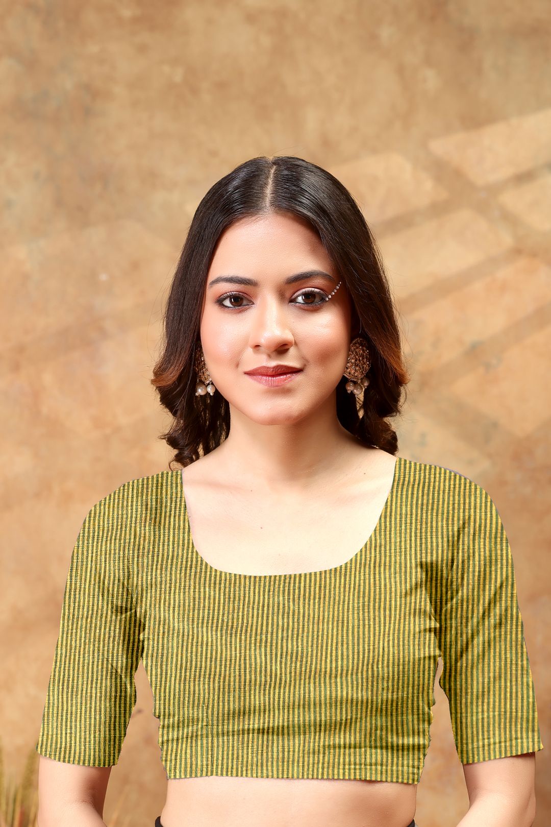 Mustard Green Cotton Saree with Striped Contrast Border