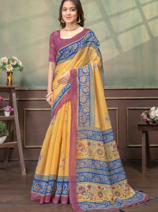 Mustard Yellow Linen Cotton Saree with Green Stripe Borders