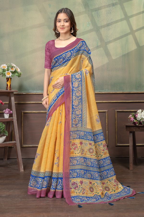 Mustard Yellow Linen Cotton Saree with Green Stripe Borders