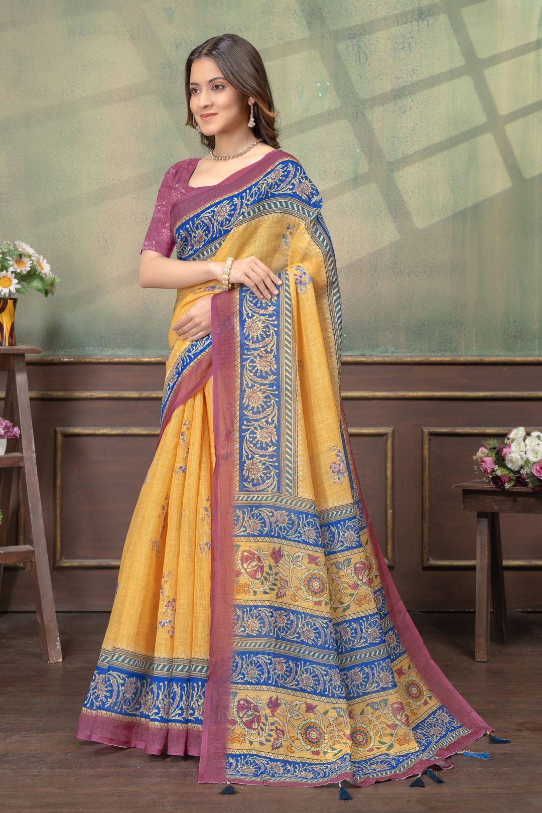Mustard Yellow Linen Cotton Saree with Green Stripe Borders