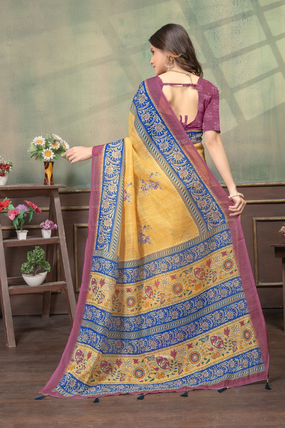 Mustard Yellow Linen Cotton Saree with Green Stripe Borders