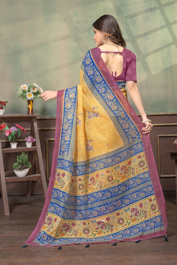 Mustard Yellow Linen Cotton Saree with Green Stripe Borders
