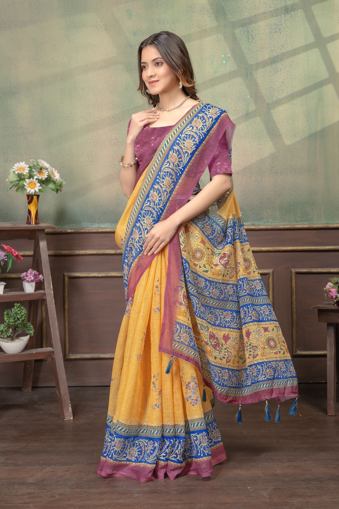 Mustard Yellow Linen Cotton Saree with Green Stripe Borders