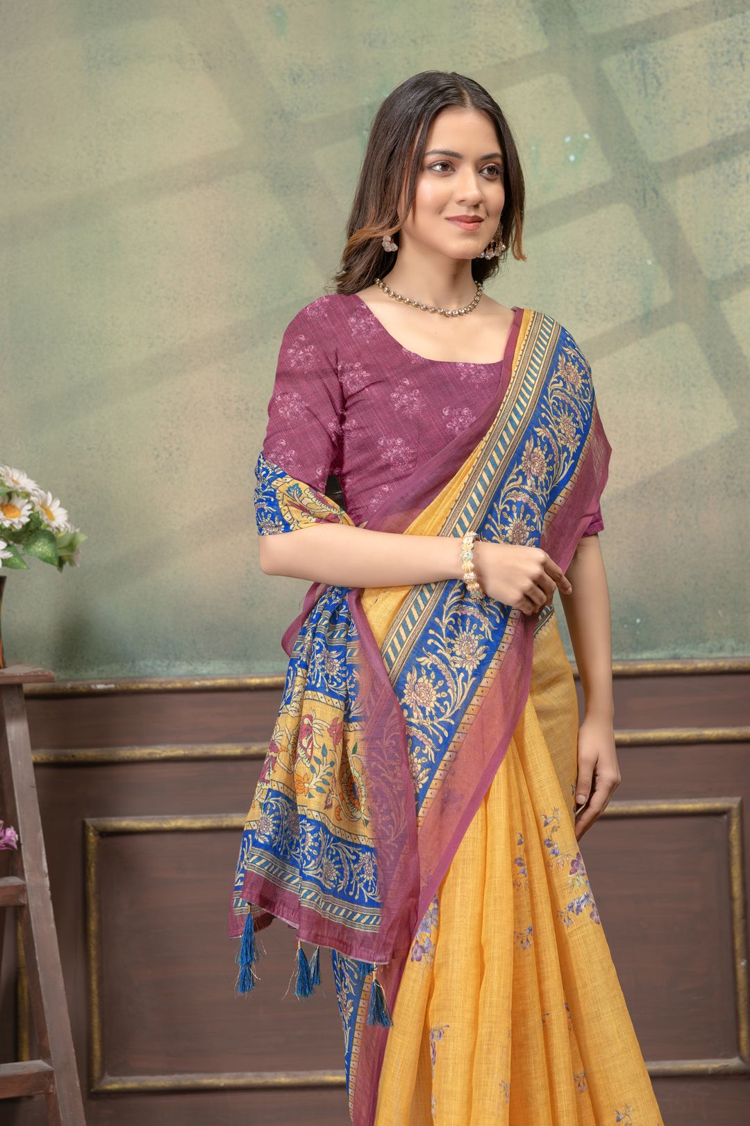Mustard Yellow Linen Cotton Saree with Green Stripe Borders