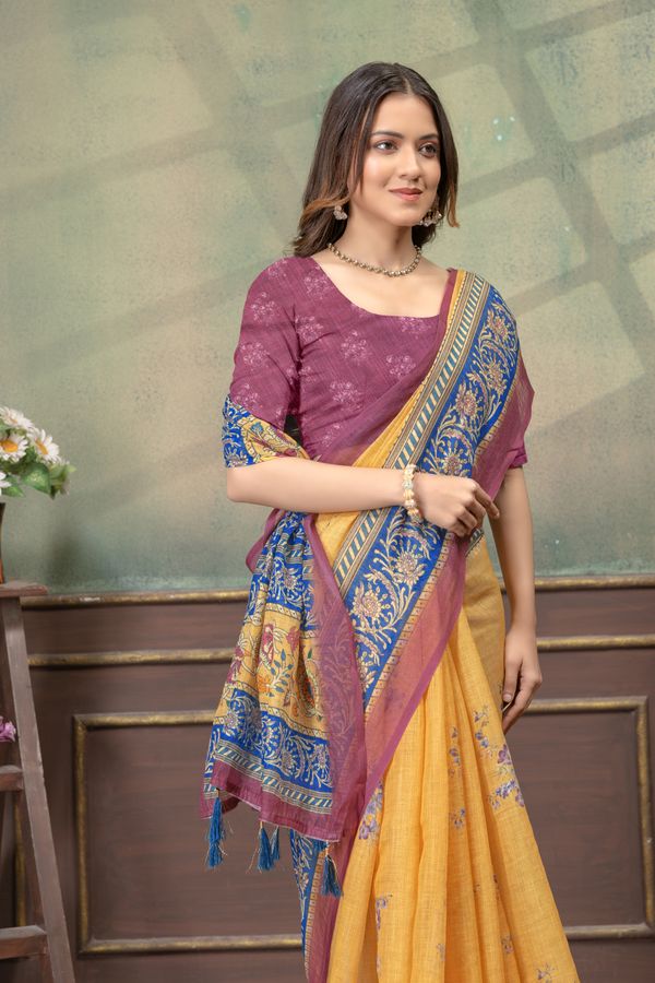 Mustard Yellow Linen Cotton Saree with Green Stripe Borders