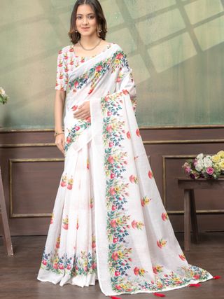 Ivory Floral Print Linen Cotton Saree with Green Border
