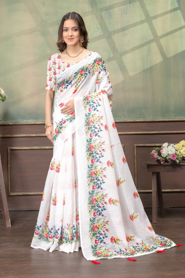 Ivory Floral Print Linen Cotton Saree with Green Border
