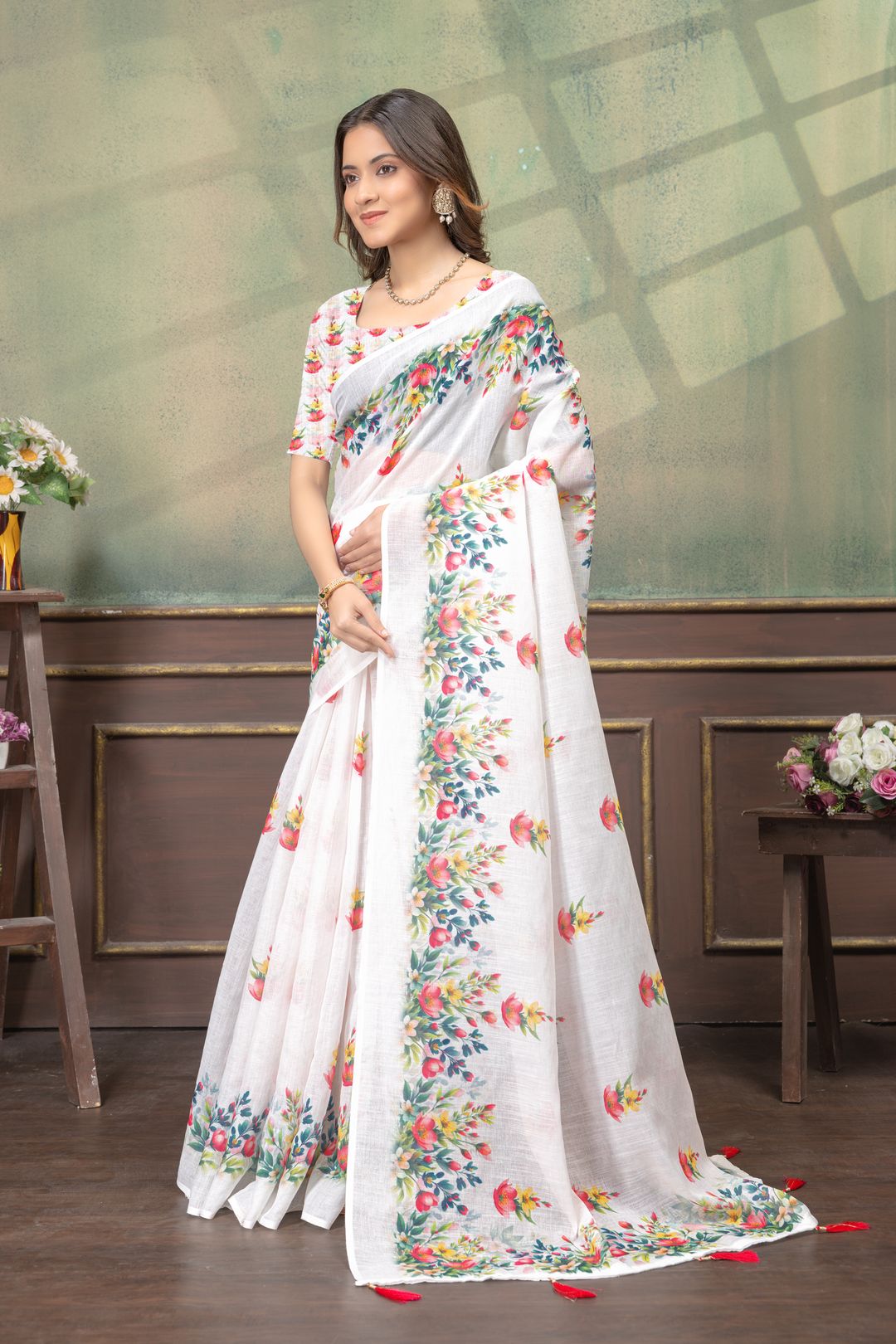 Ivory Floral Print Linen Cotton Saree with Green Border