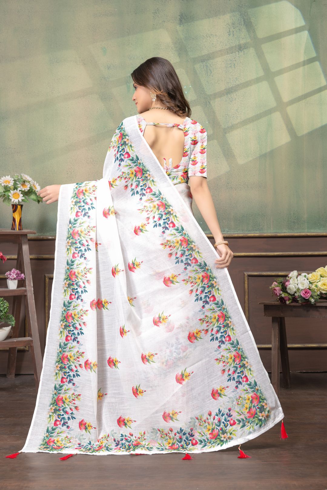 Ivory Floral Print Linen Cotton Saree with Green Border