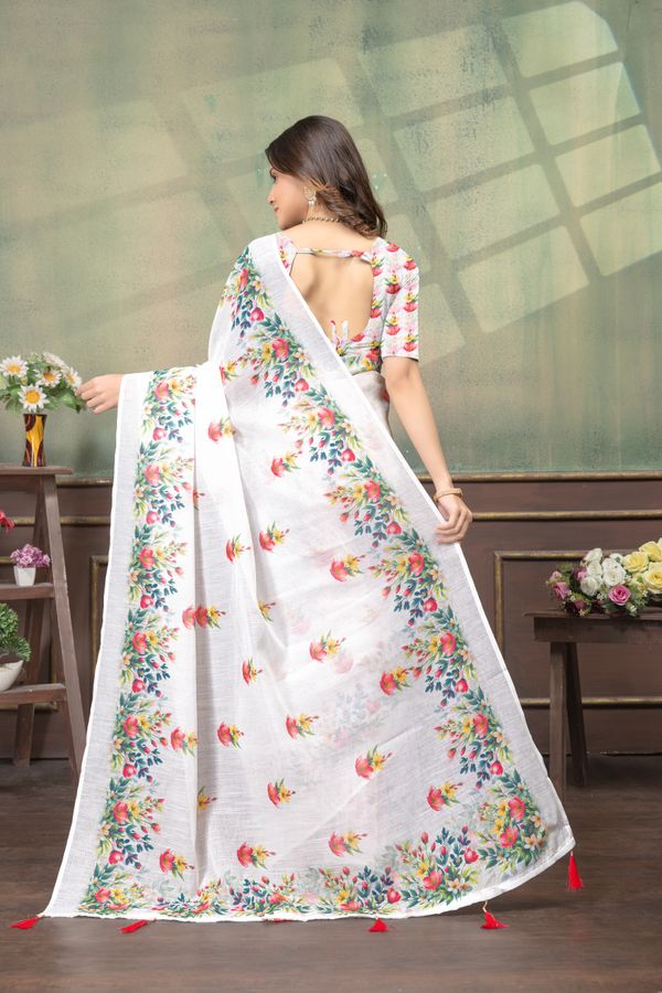 Ivory Floral Print Linen Cotton Saree with Green Border