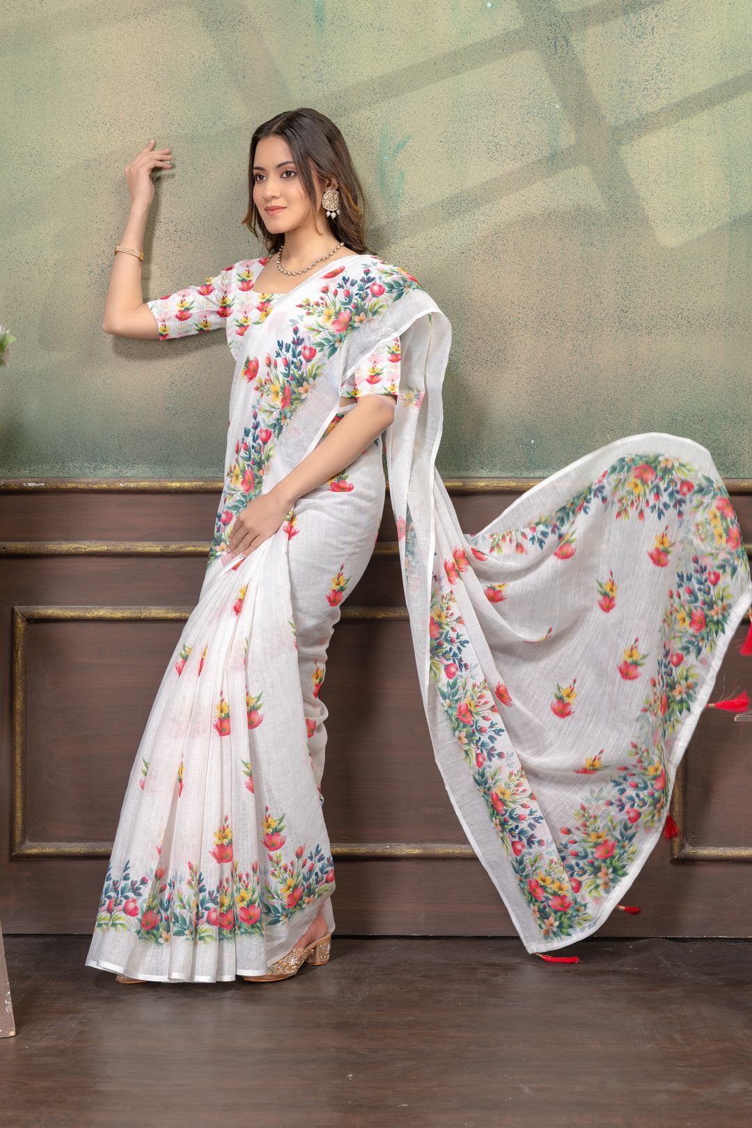 Ivory Floral Print Linen Cotton Saree with Green Border
