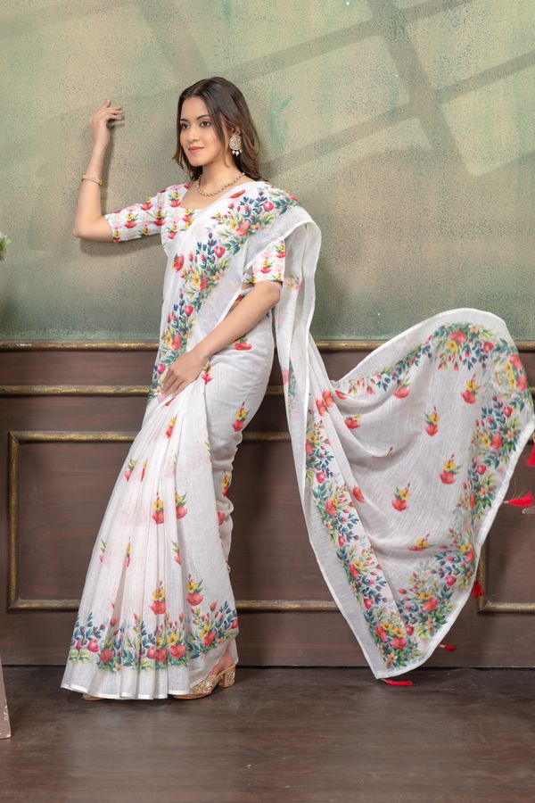 Ivory Floral Print Linen Cotton Saree with Green Border