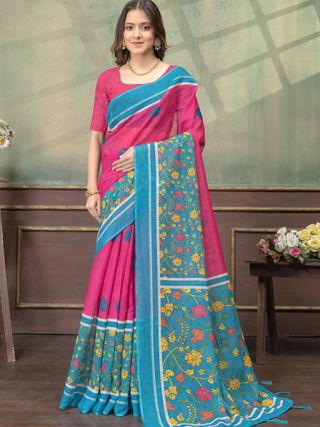 Floral Linen Cotton Saree in Pink Blue with Printed Borders