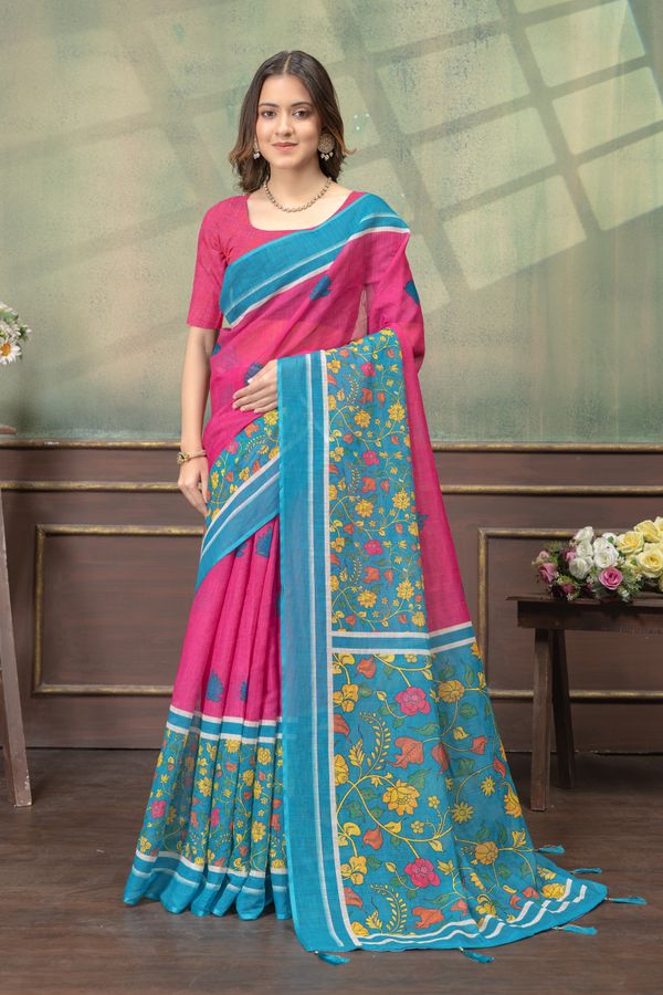 Floral Linen Cotton Saree in Pink Blue with Printed Borders