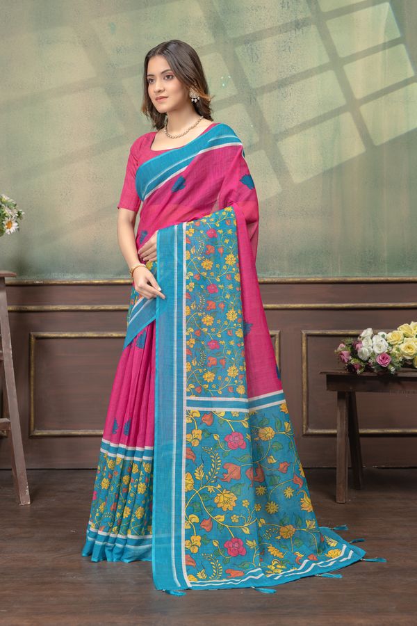 Floral Linen Cotton Saree in Pink Blue with Printed Borders