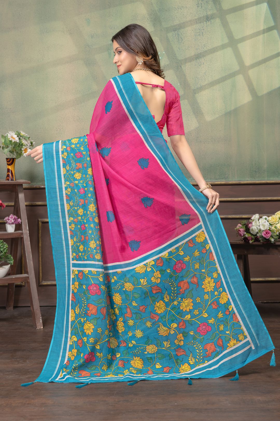 Floral Linen Cotton Saree in Pink Blue with Printed Borders