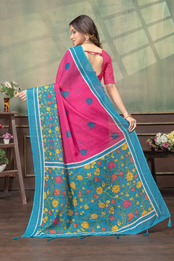 Floral Linen Cotton Saree in Pink Blue with Printed Borders
