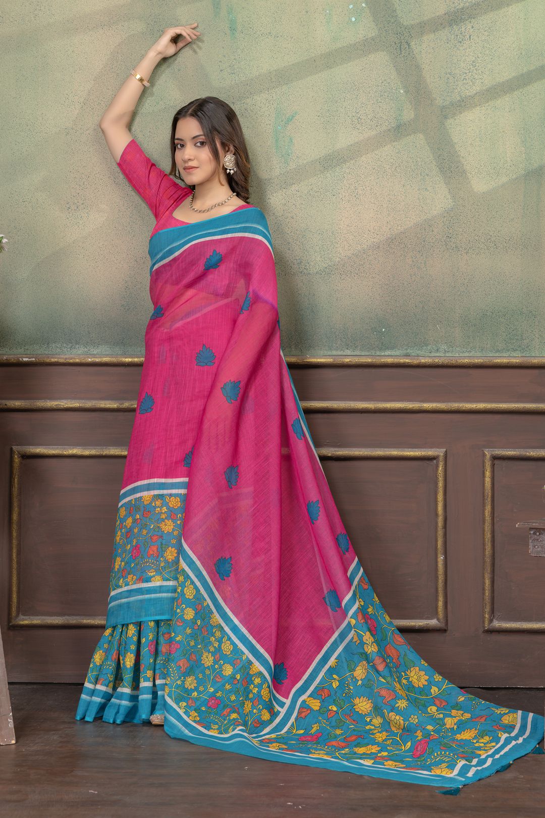 Floral Linen Cotton Saree in Pink Blue with Printed Borders