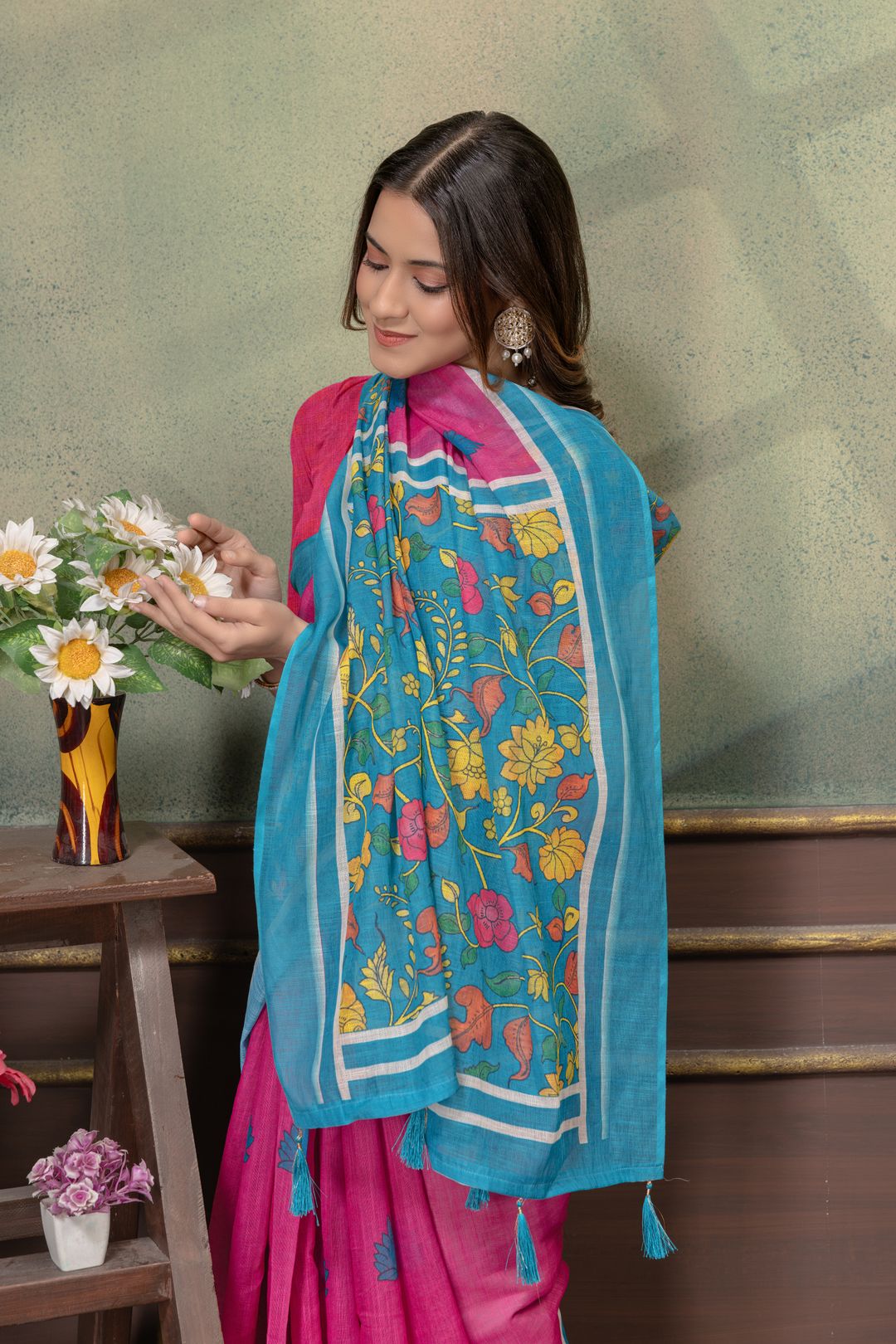 Floral Linen Cotton Saree in Pink Blue with Printed Borders