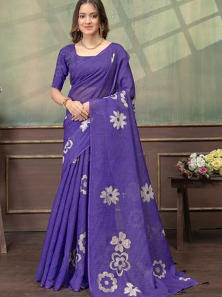 Elegant Purple Linen Cotton Saree with Floral Silver Motifs